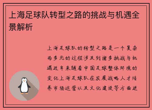 上海足球队转型之路的挑战与机遇全景解析